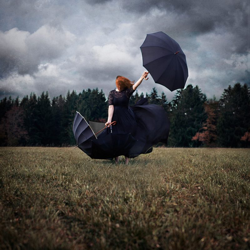 Delphine Millet Blow - Staged photography delicate sensitive surrealist dream magic mystic witch wind nature power umbrellas - Art conceptual photographer in Berlin